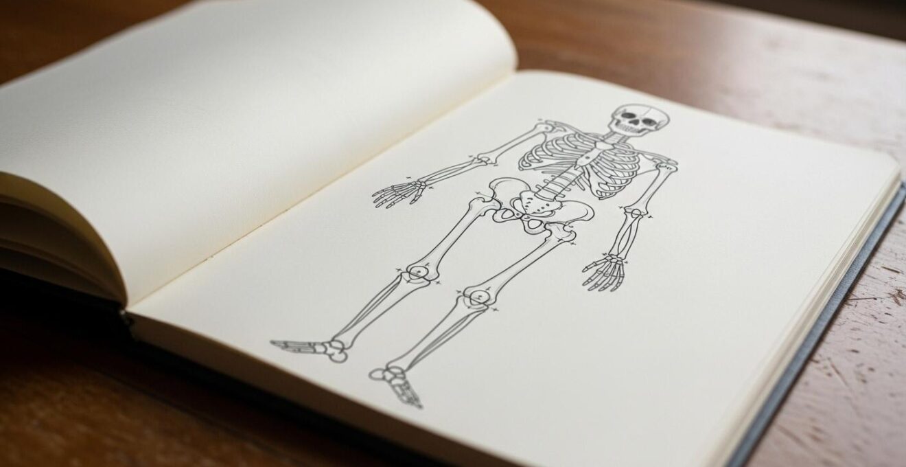 Croquis en style documentaire montrant un squelette simplifié et des articulations pour la pose de personnage