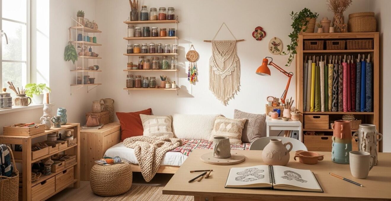 Vue d'un coin d'appartement compact aménagé en atelier créatif fonctionnel et esthétique