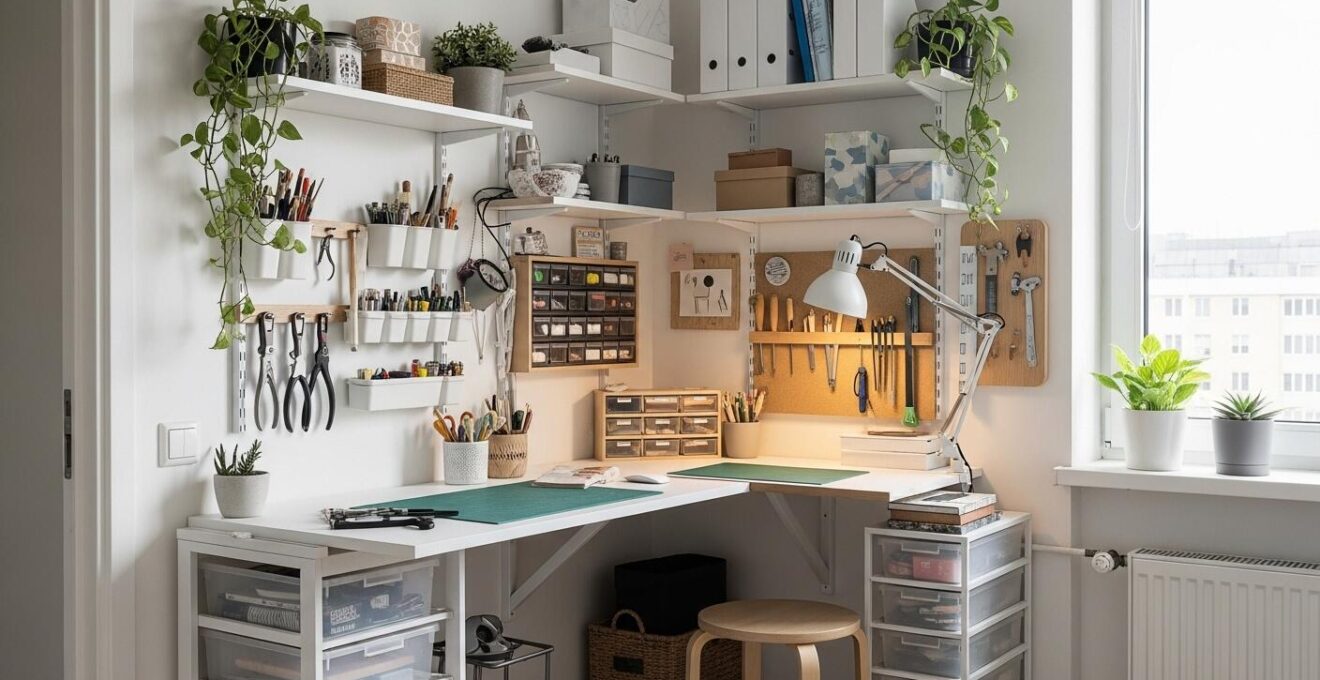 Coin atelier créatif optimisé dans un petit appartement avec rangement vertical et meubles multifonctions