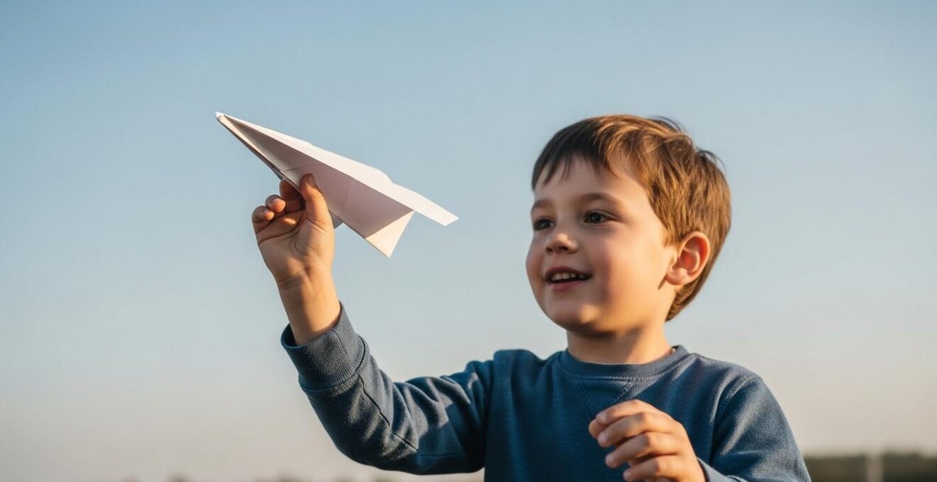 Un enfant attentif tenant un avion en papier prêt à le lancer, sur un fond clair de ciel bleu, illustrant la découverte ludique de la physique du vol