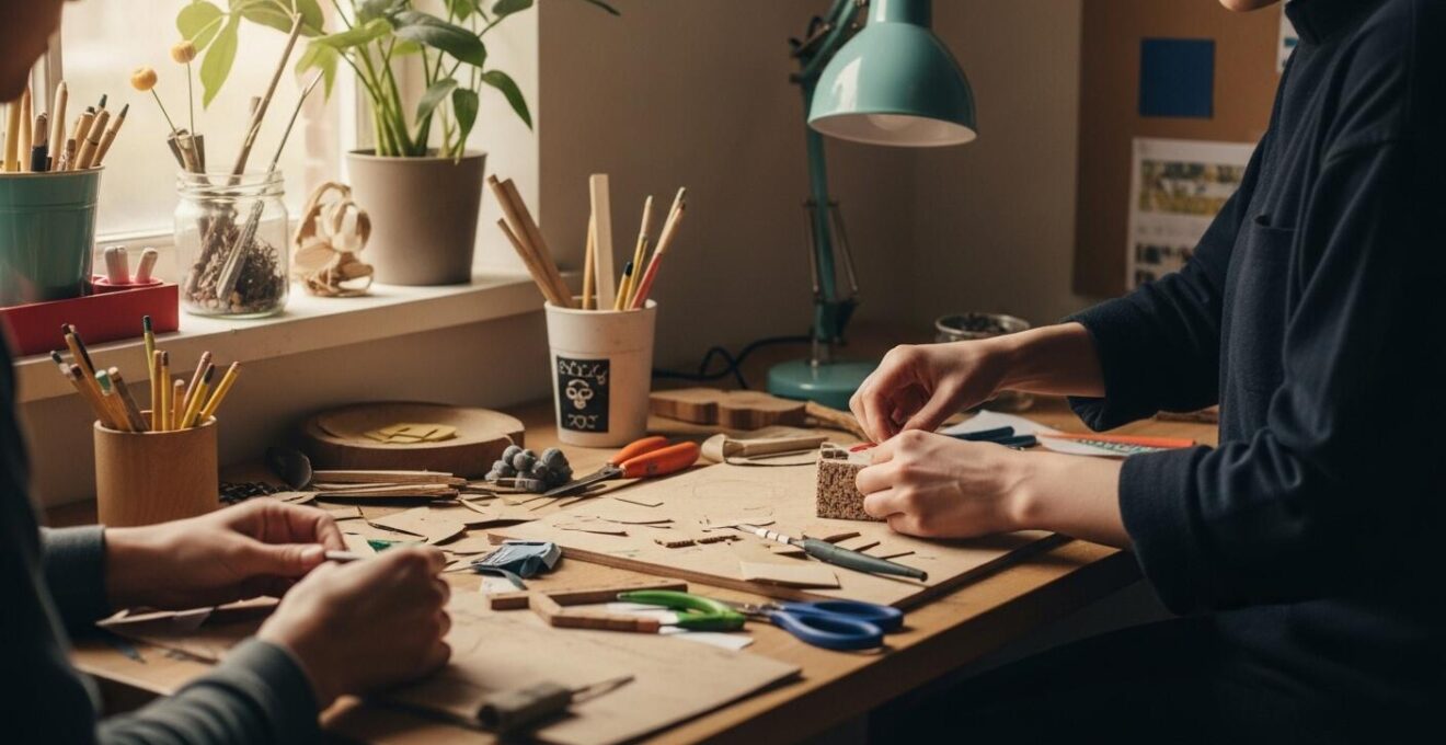 Vue d'un atelier créatif lumineux et chaleureux avec plusieurs activités manuelles en cours dans un intérieur moderne et accueillant