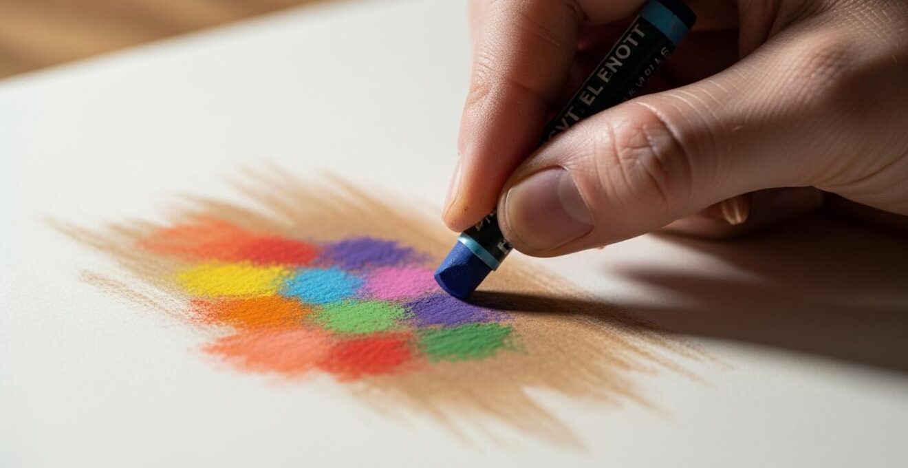 Une main d'artiste appliquant délicatement des pastels à l'huile sur un papier texturé avec une palette de couleurs vives autour, lumière naturelle