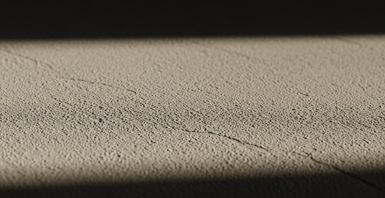 Gros plan d'un mur en béton lisse avec variations de texture raffinées, lumière rasante et ambiance élégante.
