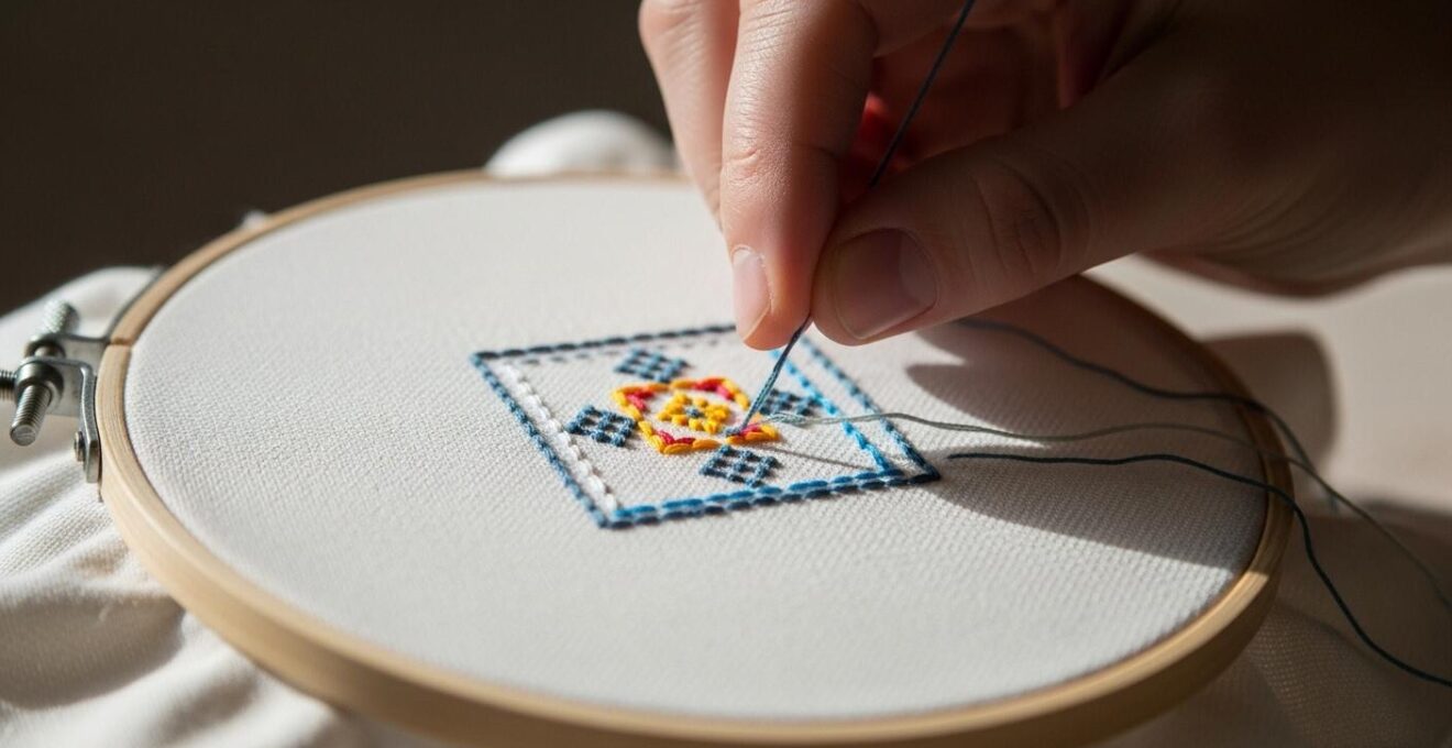Main brodant un tissu clair avec aiguille et fil coloré