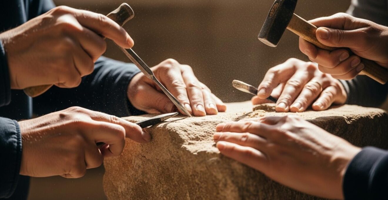 Gros plan sur des mains bénévoles façonnant une pierre lors d'une restauration de site historique