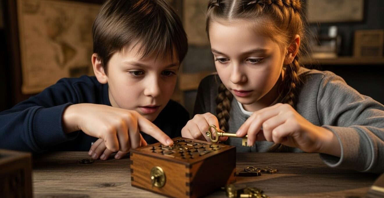 Enfants concentrés résolvant des énigmes lors d'une chasse au trésor ludique dans un cadre intérieur coloré et lumineux