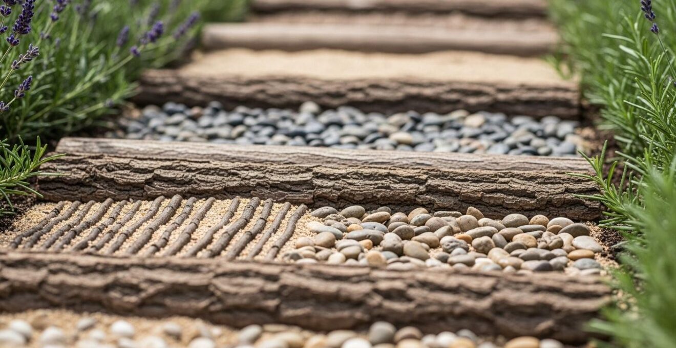 Vue détaillée d'un chemin sensoriel avec diverses textures naturelles au sol dans un jardin.