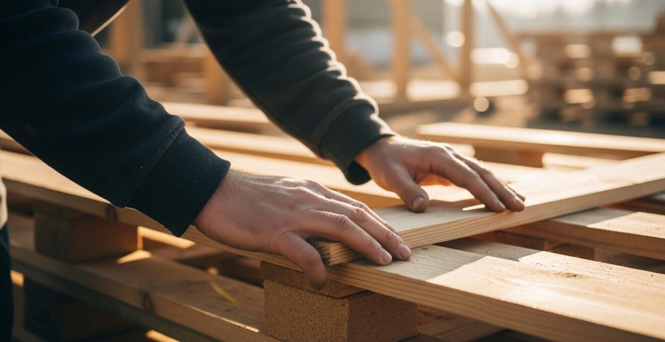 Détail d’une structure en bois de palette en cours d’assemblage dans un jardin avec les outils de bricolage