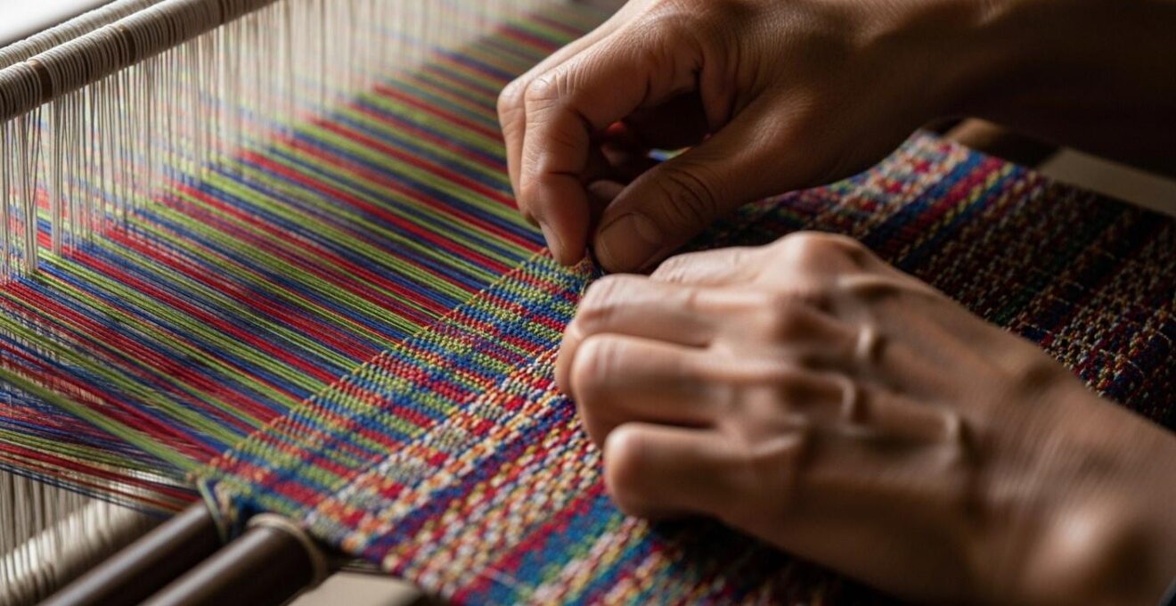 Mains en train de tresser un tissu artisanal avec des fils colorés dans un atelier lumineux