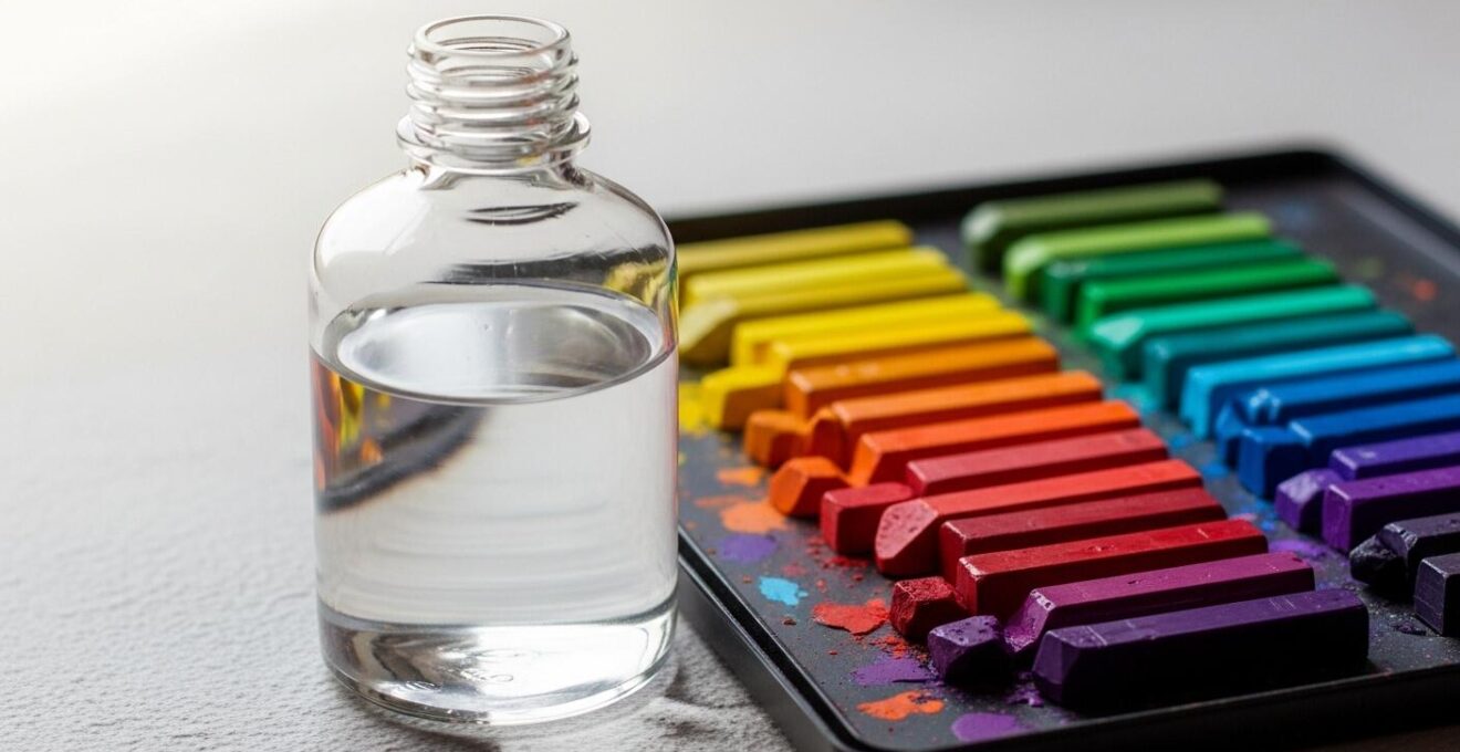 Flacon de solvant proche d'une palette de pastels à l'huile sur une surface artistique