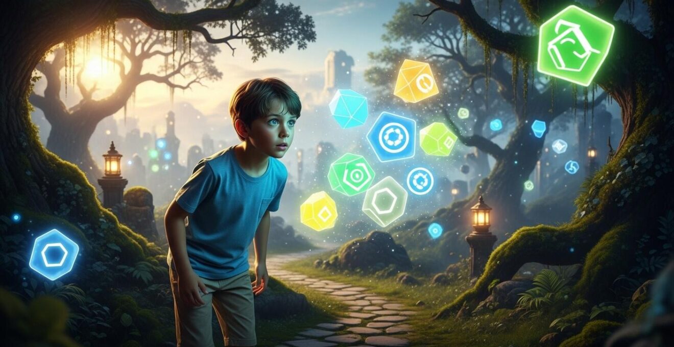 Enfant explorant un parcours imaginaire de chasse au trésor avec des symboles lumineux et indices flottants
