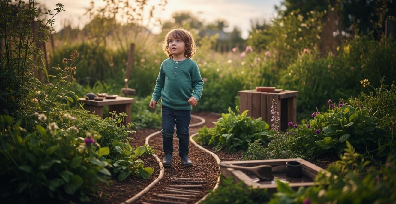Enfant s'amusant dans un jardin naturel avec des éléments sensoriels et espaces de jeu extérieur