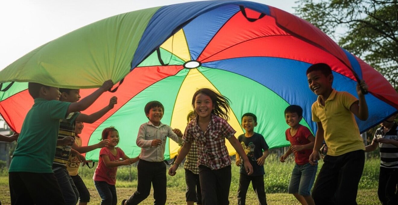 Groupe d'enfants jouant ensemble au jeu du parachute, souriants et en interaction