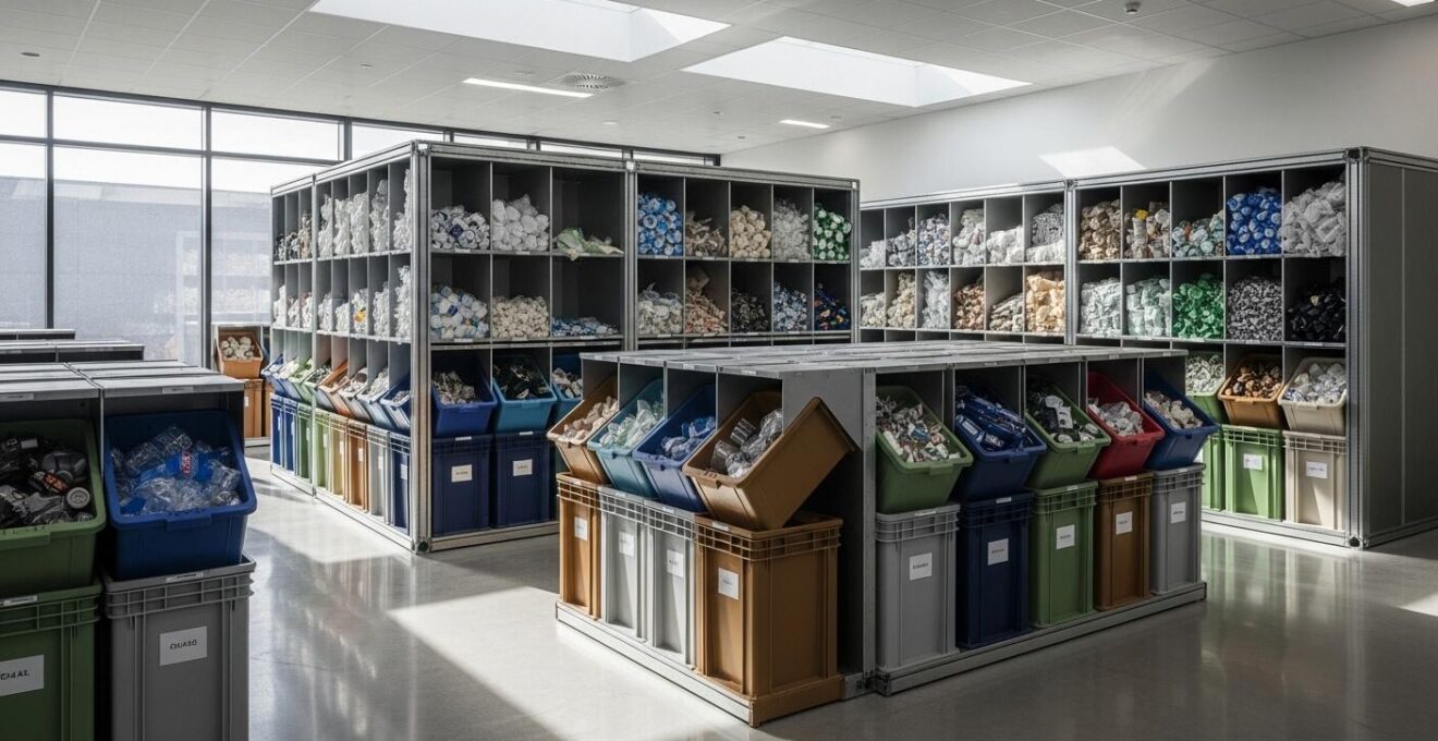 Vue d'un espace de stockage modulaire et organisé pour matériaux recyclés dans un atelier ou un chantier