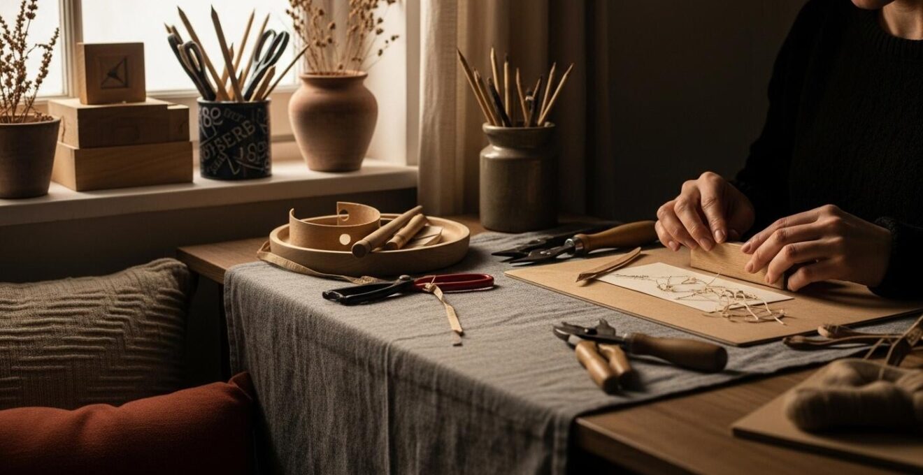 Un espace intérieur chaleureux et créatif avec des mains en train de réaliser un objet fait-main