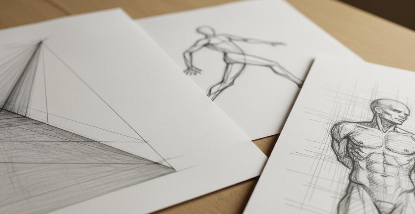 Illustration symbolique d'un dessin en progression montrant des éléments de base comme la perspective, l'anatomie et les hachures.