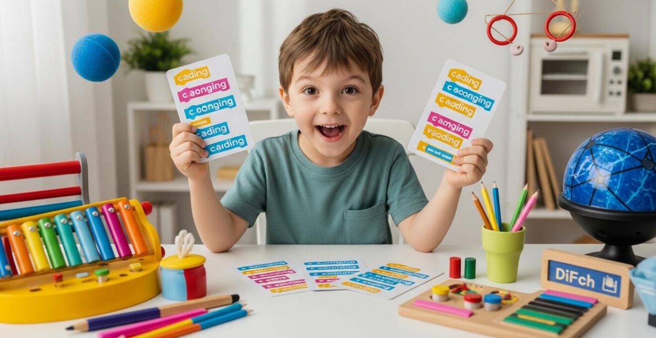 Un enfant souriant interagissant avec différentes activités ludiques éducatives telles que cartes de programmation, musique, cuisine et bricolage dans un environnement lumineux