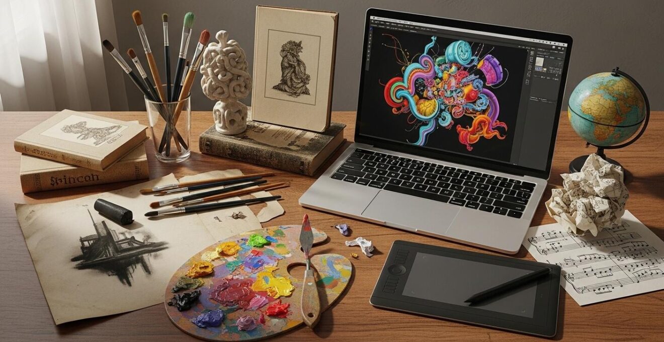 Photographie symbolique de plusieurs objets artistiques divers mélangés sur une table