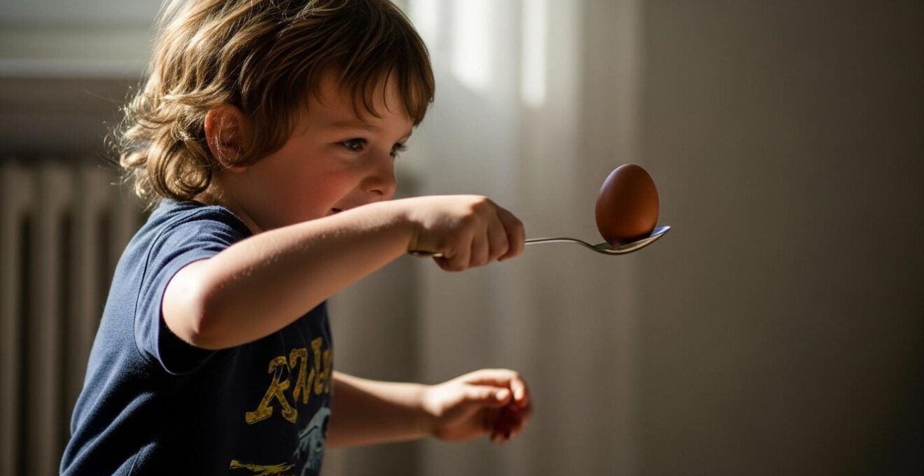 Enfant concentré tenant une cuillère avec un œuf, en pleine course ludique en extérieur