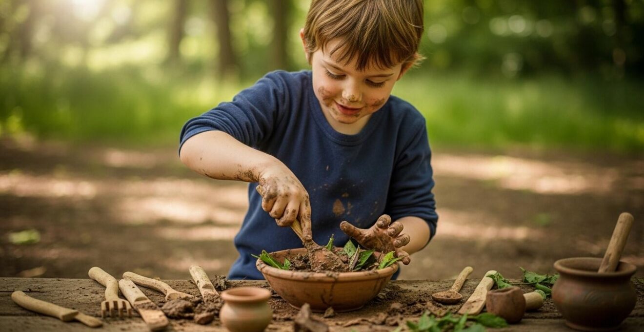 Enfant jouant avec de la boue dans un coin cuisine extérieure improvisée avec des ustensiles simples.