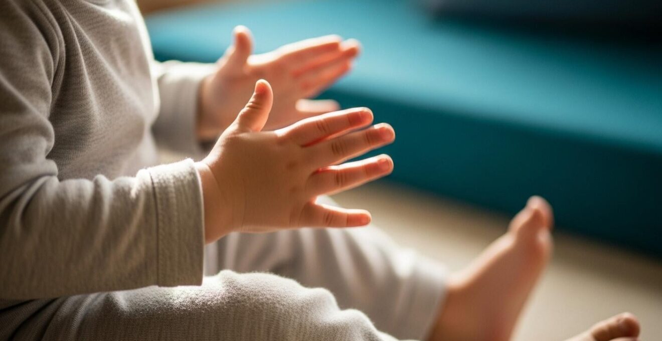 Enfant utilisant ses mains et pieds pour apprendre la musique, dans un cadre lumineux et coloré