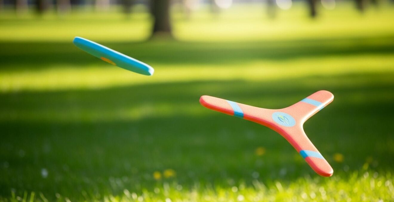 Personne lançant un boomerang en mousse dans un espace vert naturel ensoleillé