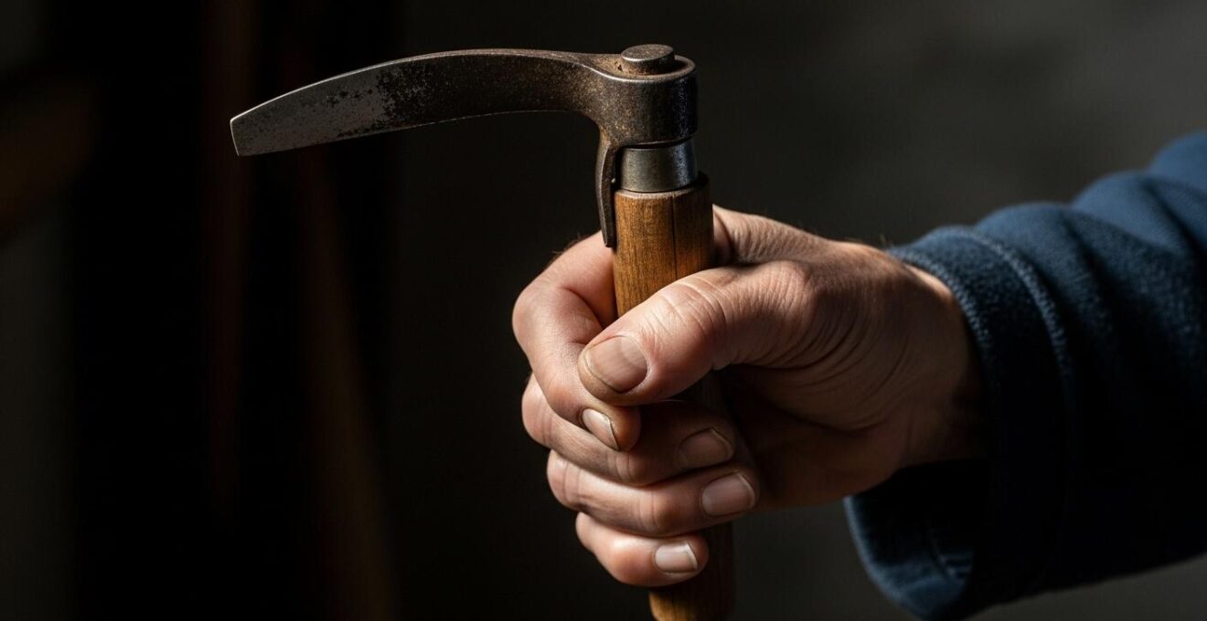 Main d'artisan tenant un outil ancien en bois et métal, symbolisant la transmission d'un savoir-faire ancestral