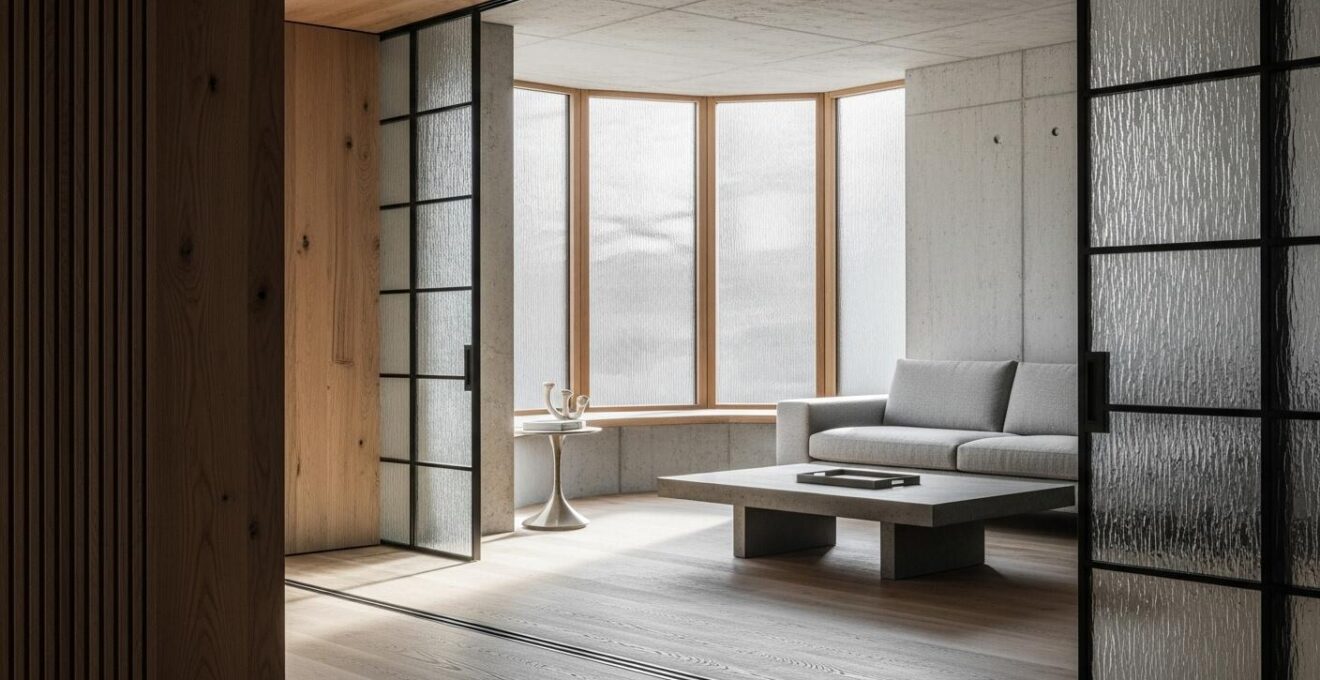 Scène de salon contemporain où matériaux exposés tels bois, béton, et verre deviennent ornement, lumière naturelle et détails en premier plan.