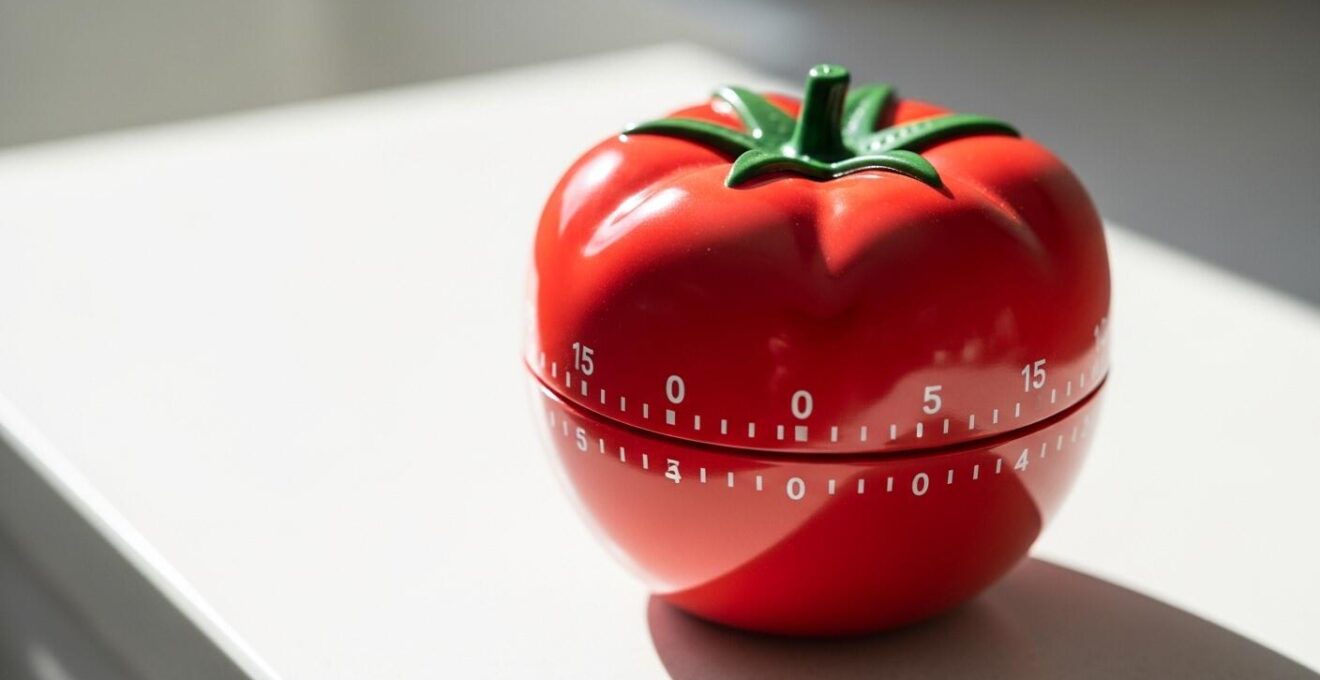 Minuteur de cuisine en forme de tomate sur un plan de travail avec ambiance de bureau organisé