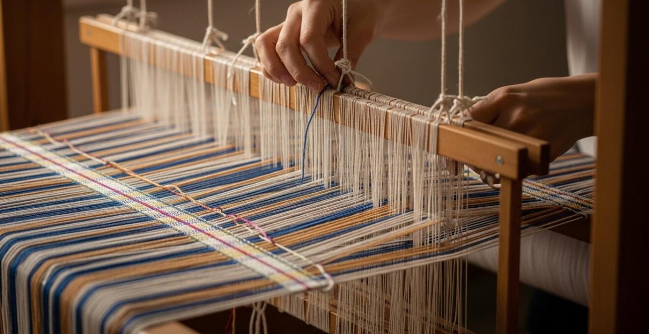 Métier à tisser fait maison avec fils enfilés et main en train de tisser