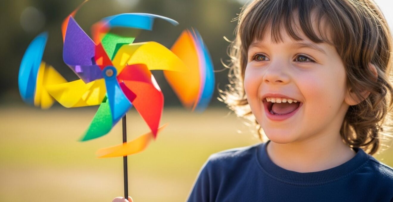 Enfant heureux tenant un moulin à vent en papier coloré qui tourne au vent dans un jardin sous un ciel bleu