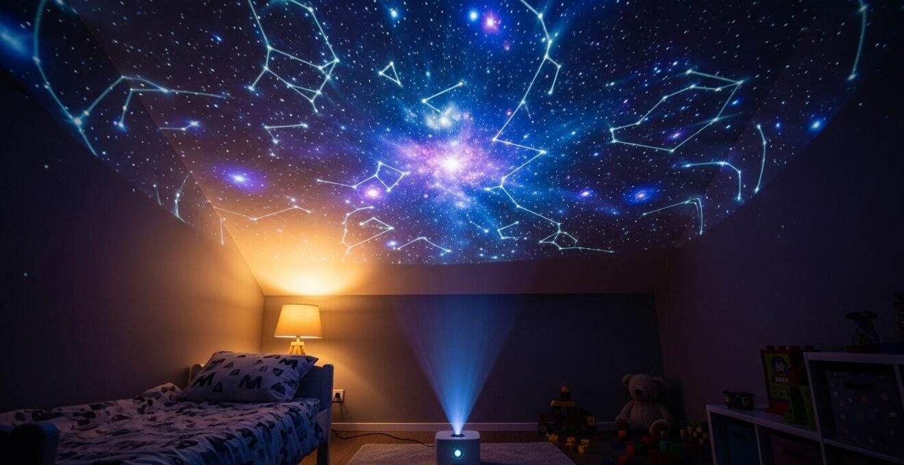 Planétarium pour enfant projetant des étoiles et constellations sur le plafond d'une chambre sombre