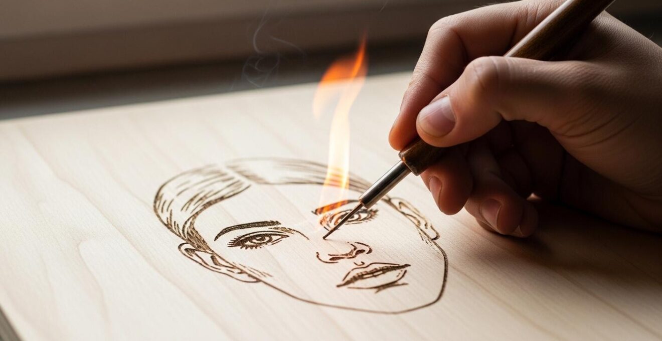 Gros plan réaliste sur une main en train de pyrograver un portrait sur bois mettant en lumière un regard intense et vivant