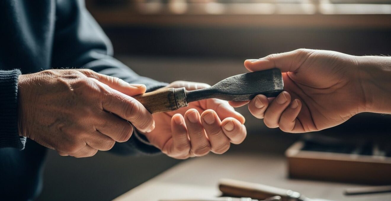 Main d'artisan âgé transmettant un outil traditionnel à un jeune apprenti