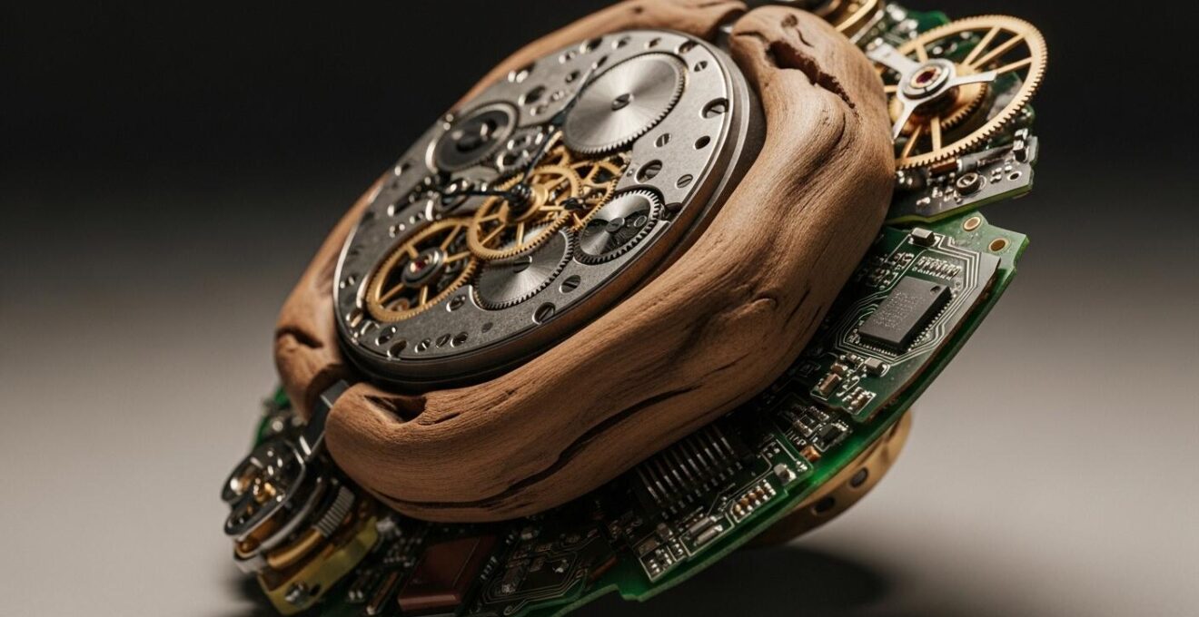 Composition artistique de matériaux recyclés transformés en objets de luxe dans un atelier moderne