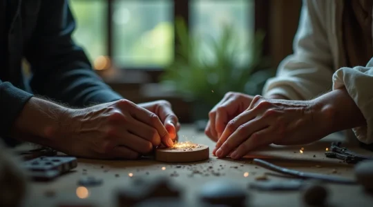 Une image symbolique représentant la transmission d'un savoir-faire ancestral à travers des mains artisanales au milieu d'un décor mêlant nature et technologies modernes.