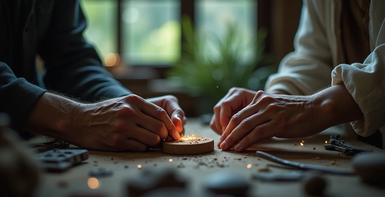 Une image symbolique représentant la transmission d'un savoir-faire ancestral à travers des mains artisanales au milieu d'un décor mêlant nature et technologies modernes.