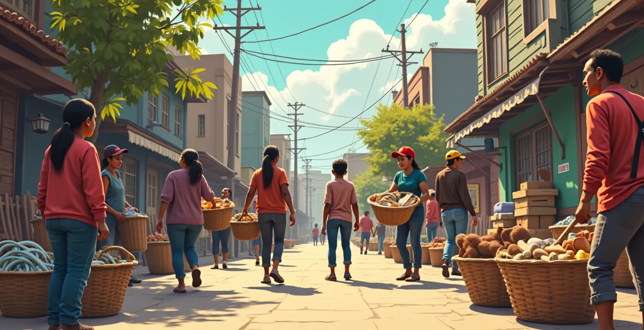 Scène urbaine avec créateurs collectant des matériaux de récupération auprès d'artisans et en points de collecte urbains