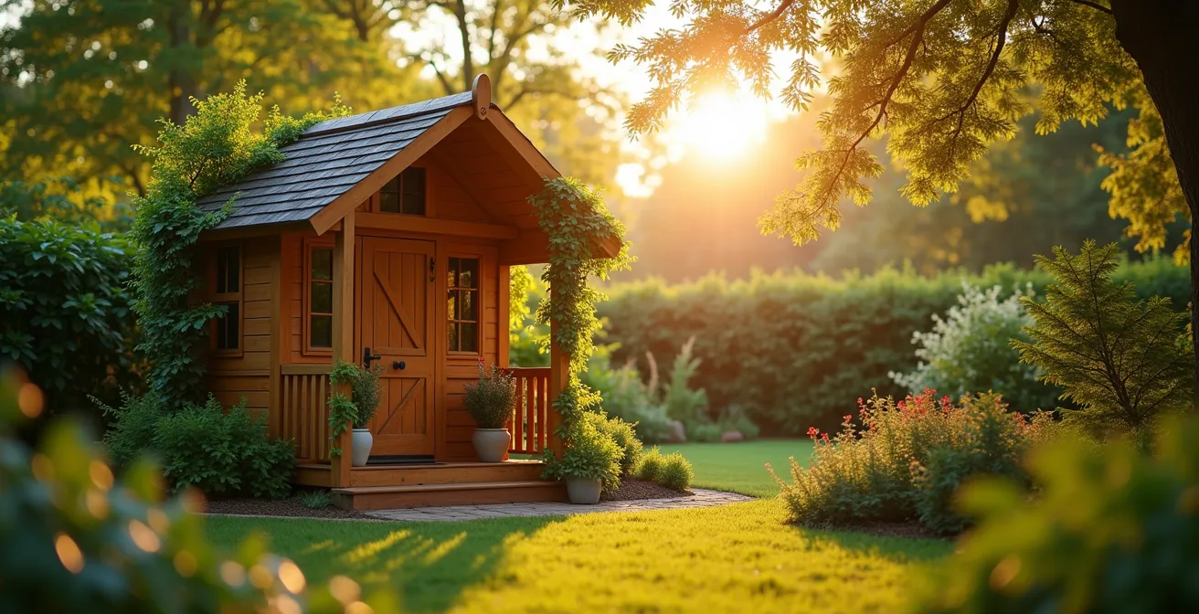 Un jardin aménagé avec une cabane placée stratégiquement en fonction du soleil, du vent et de la sécurité, avec des éléments naturels autour