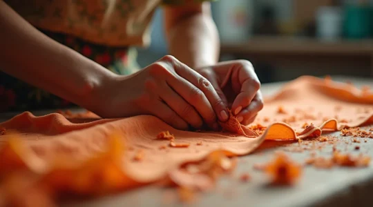 Des mains artisanales en train de teindre un tissu avec des plantes naturelles, illustrant la création textile manuelle au-delà des machines.