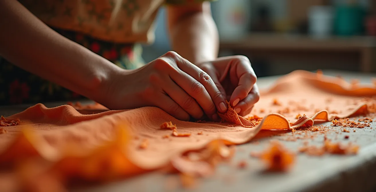 Des mains artisanales en train de teindre un tissu avec des plantes naturelles, illustrant la création textile manuelle au-delà des machines.