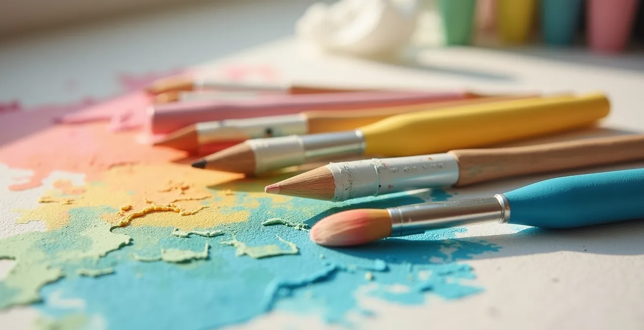 Illustration d'outils spécialisés pour réaliser des dégradés lumineux au pastel à l'huile, incluant estompes en silicone, couteaux souples et tissus spécifiques