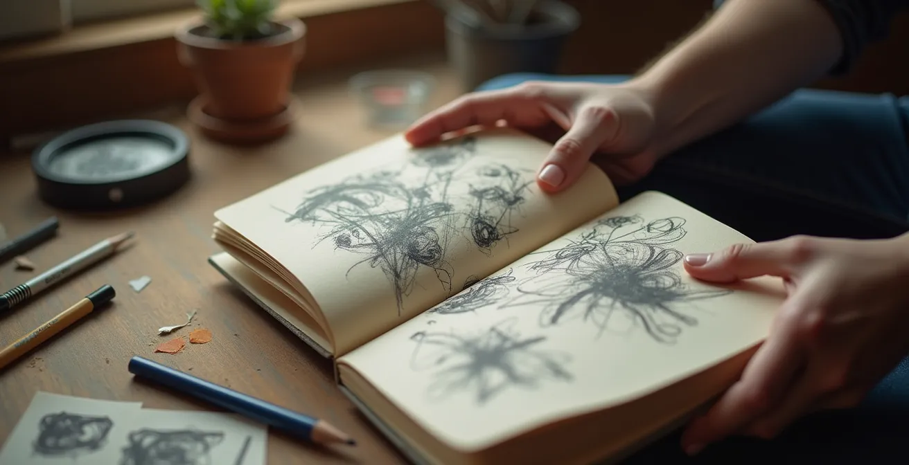 Une personne utilisant un carnet de croquis avec des dessins libres, gestuels et colorés montrant la libération de la créativité.