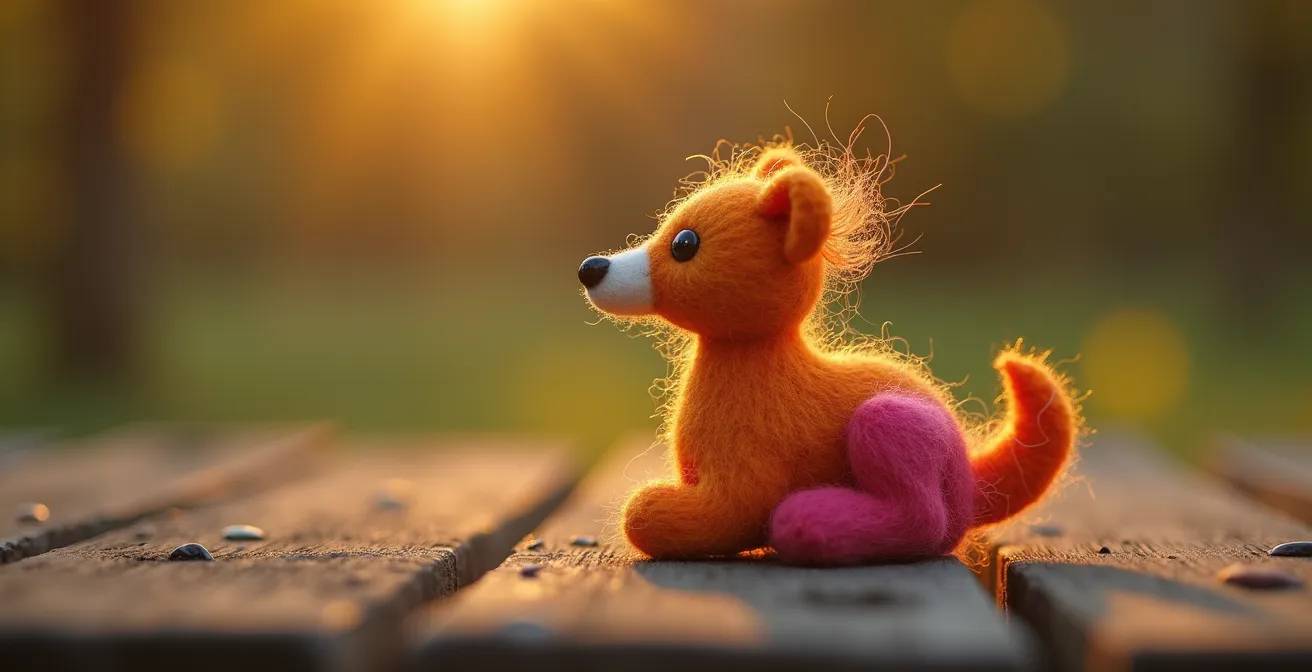 Figurine en laine feutrée colorée en forme d'animal réalisée à la main avec aiguilles à feutrer