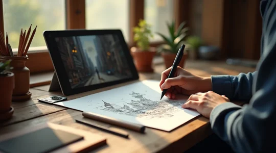 Illustration symbolique montrant un artiste entouré d'outils traditionnels et numériques, dessinant une composition avec des lignes de perspective, volumes en hachures et esquisses de personnages dynamiques.