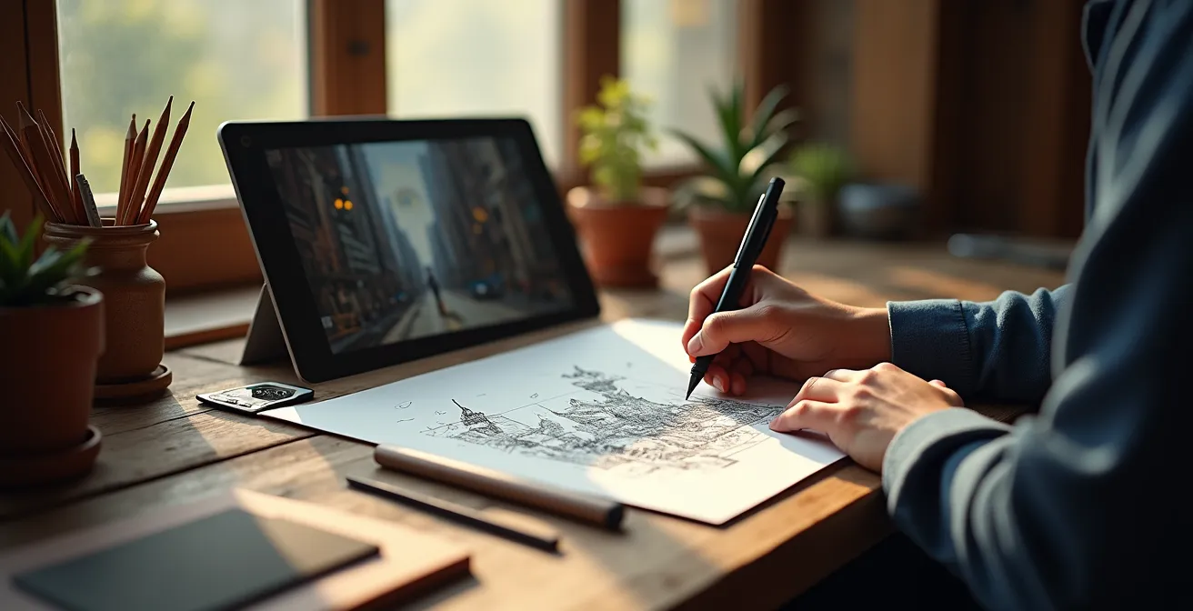 Illustration symbolique montrant un artiste entouré d'outils traditionnels et numériques, dessinant une composition avec des lignes de perspective, volumes en hachures et esquisses de personnages dynamiques.