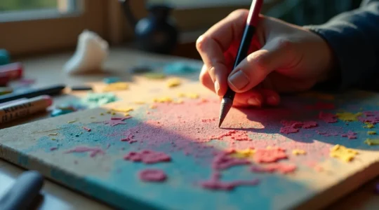 Illustration artistique montrant un artiste appliquant des pastels à l'huile sur une toile avec des outils d'estompe et des couches de couleurs vibrantes