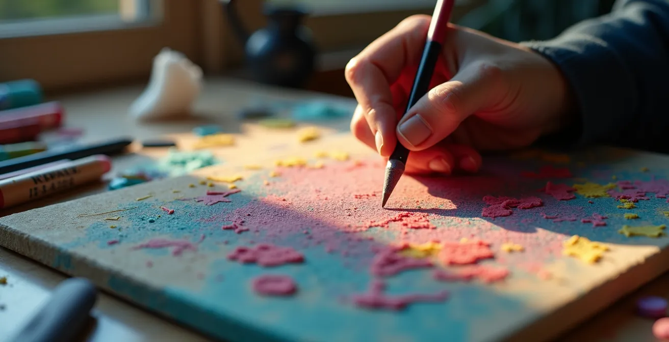 Illustration artistique montrant un artiste appliquant des pastels à l'huile sur une toile avec des outils d'estompe et des couches de couleurs vibrantes