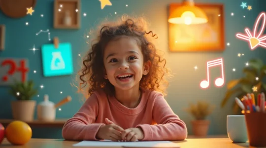 Un enfant joyeux entouré de divers éléments ludiques représentant la programmation, la musique, la cuisine, l'astronomie, les langues et les jeux éducatifs