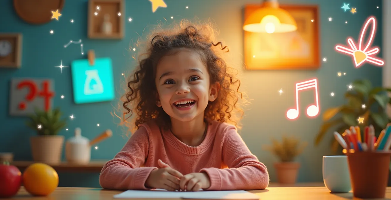 Un enfant joyeux entouré de divers éléments ludiques représentant la programmation, la musique, la cuisine, l'astronomie, les langues et les jeux éducatifs